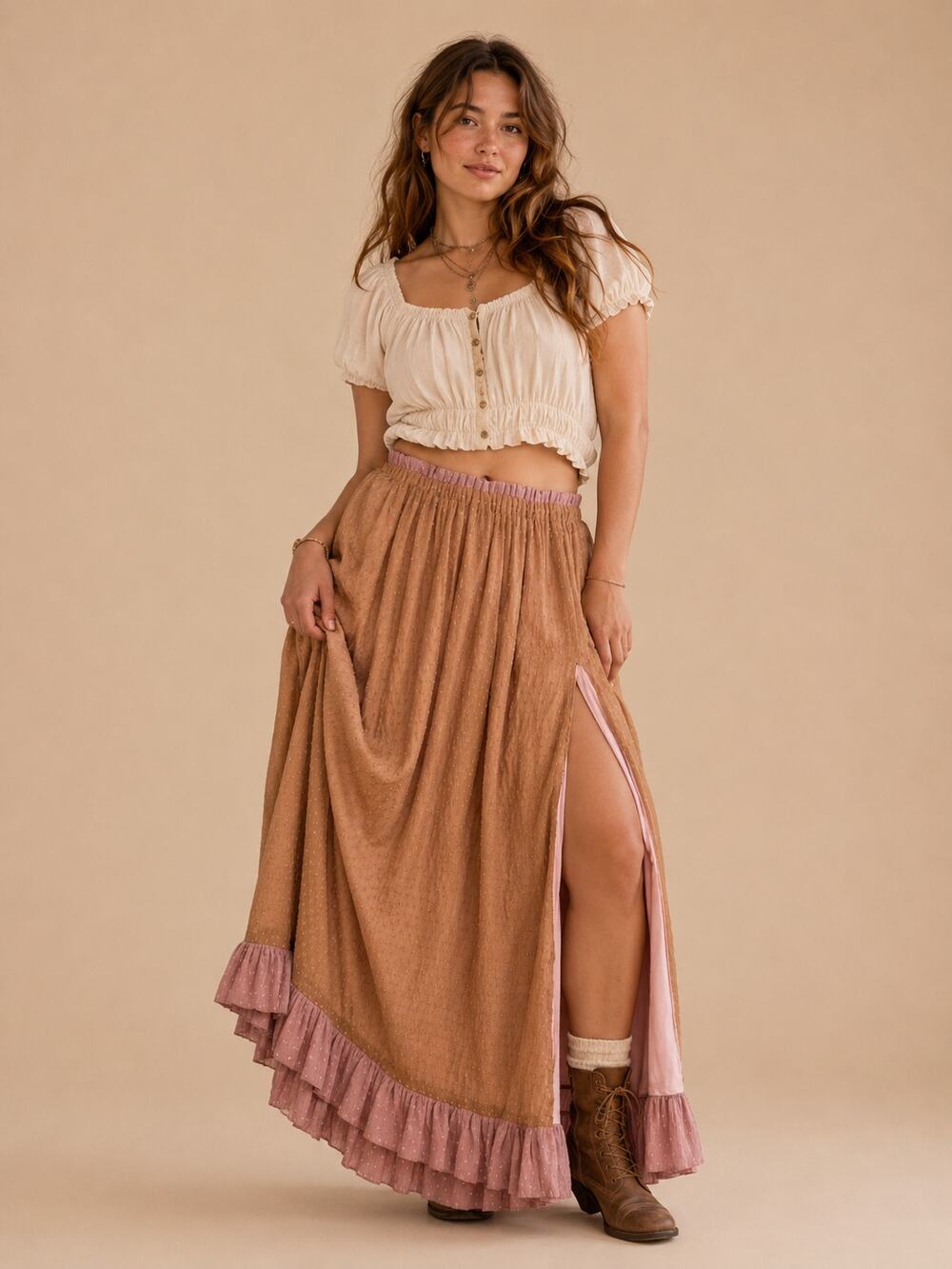 Alamour The Label Fairycore Maxi Skirt Pink Tan Ruffle Hem Small